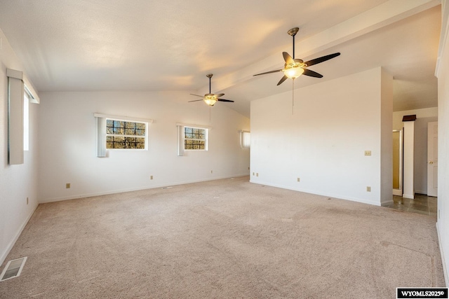 94 Upper Clear Creek Rd, Buffalo, WY 82834 - empty room with lofted ceiling, baseboards, light colored carpet, visible vents, and ceiling fan