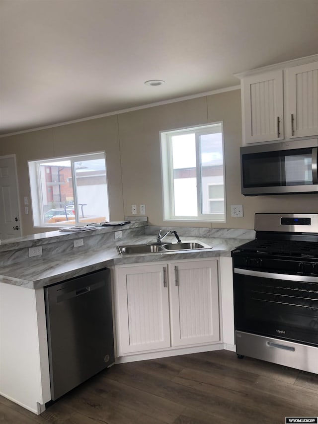 kitchen featuring a sink, ornamental molding, appliances with stainless steel finishes, and dark wood-style floors