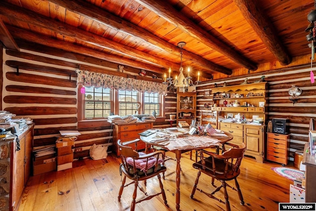 dining room with rustic walls, an inviting chandelier, light wood-type flooring, wood ceiling, and beam ceiling