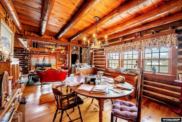 dining room featuring hardwood / wood-style floors, wood ceiling, an inviting chandelier, and beamed ceiling