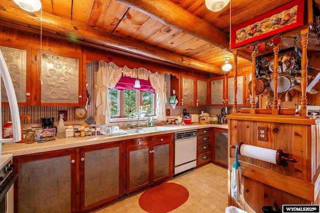 kitchen with wood ceiling, a sink, white dishwasher, and light floors