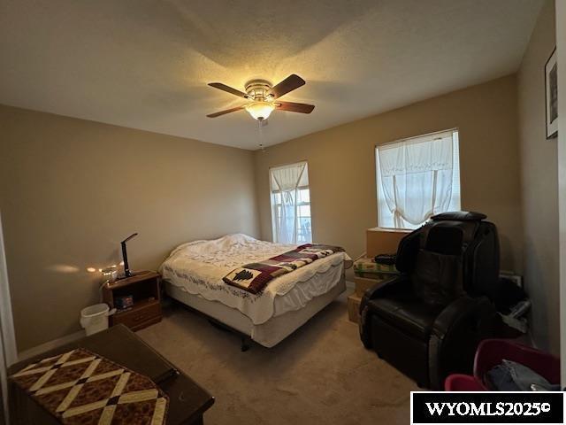 bedroom with a ceiling fan and light carpet
