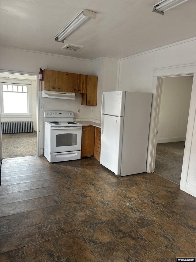 214 M St, Rock Springs, WY 82901 - kitchen with light countertops, white appliances, under cabinet range hood, radiator, and brown cabinetry