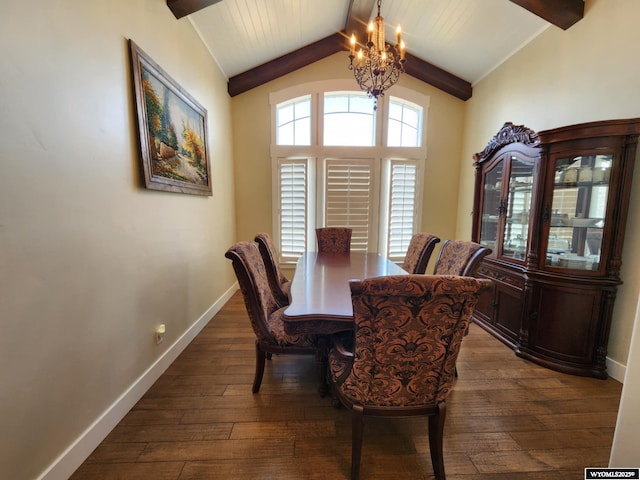 303 Tamarack Dr, Rock Springs, WY 82901 - dining room featuring a notable chandelier, vaulted ceiling with beams, baseboards, and dark wood-type flooring