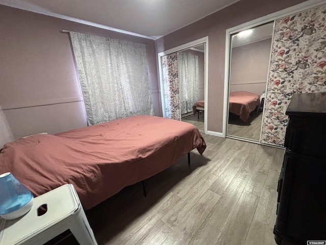 bedroom with light wood-style flooring and two closets
