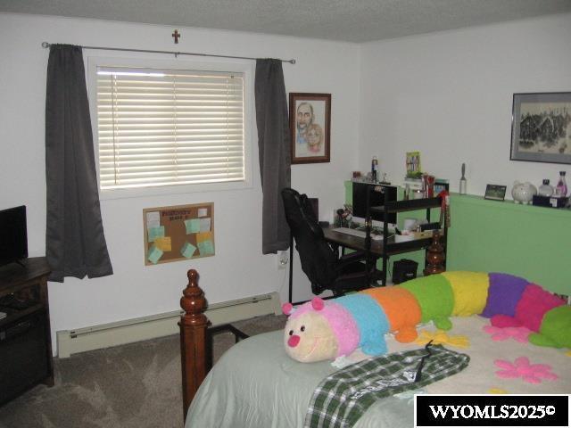carpeted bedroom with baseboard heating