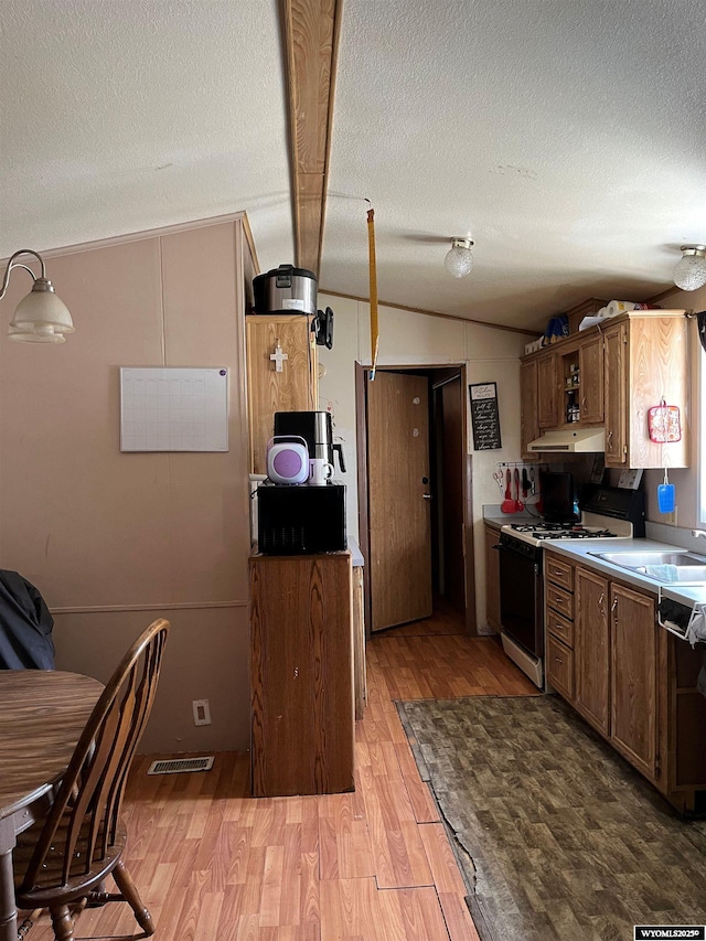 305 E Center St, Rawlins, WY 82301 - kitchen with light wood-style flooring, vaulted ceiling, under cabinet range hood, gas stove, and a sink