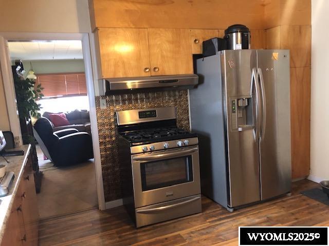 816 Center St, Rock Springs, WY 82901 - kitchen featuring under cabinet range hood, decorative backsplash, dark wood finished floors, and appliances with stainless steel finishes