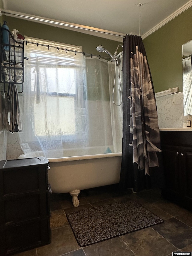full bath featuring shower / bath combo, vanity, and ornamental molding