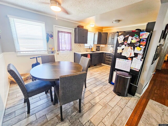 3617 Bighorn St, Torrington, WY 82240 - dining space featuring a textured ceiling, light wood finished floors, and a ceiling fan