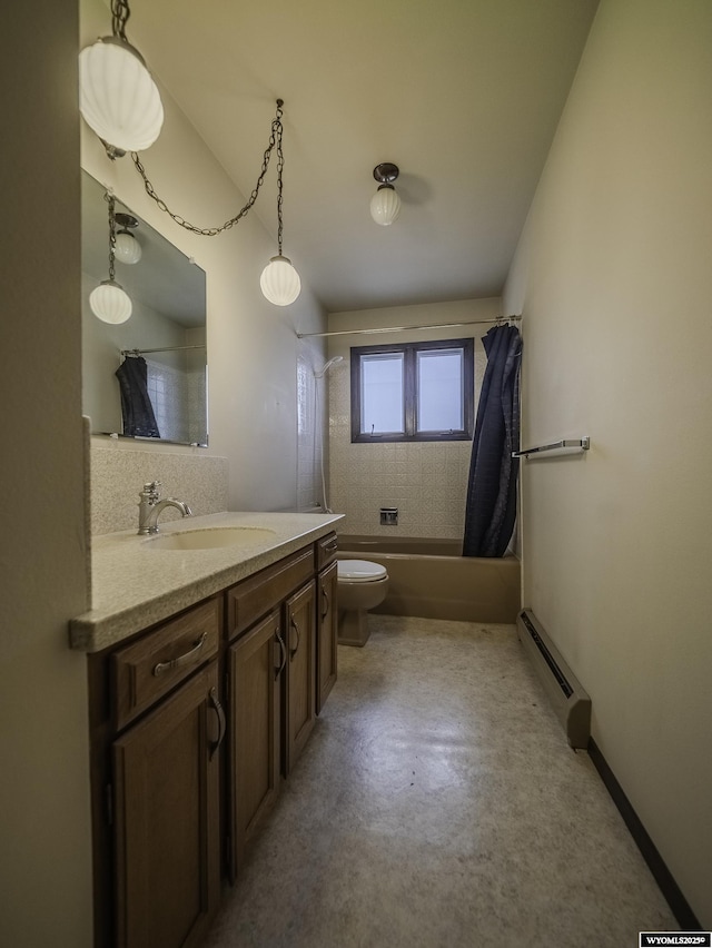 full bathroom featuring toilet, shower / tub combo with curtain, baseboard heating, vanity, and finished concrete flooring