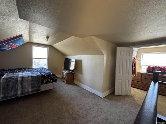 410 E Monroe Ave, Riverton, WY 82501 - bedroom with baseboards, carpet flooring, a textured ceiling, and vaulted ceiling