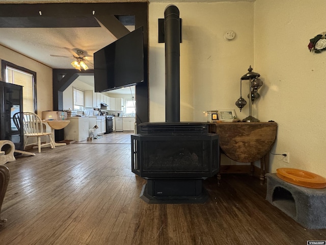 117 W Madison, Riverton, WY 82501 - living room with a wood stove, wood finished floors, and ceiling fan