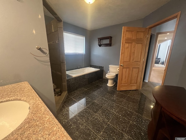 full bath featuring baseboards, granite finish floor, toilet, a walk in shower, and a bath