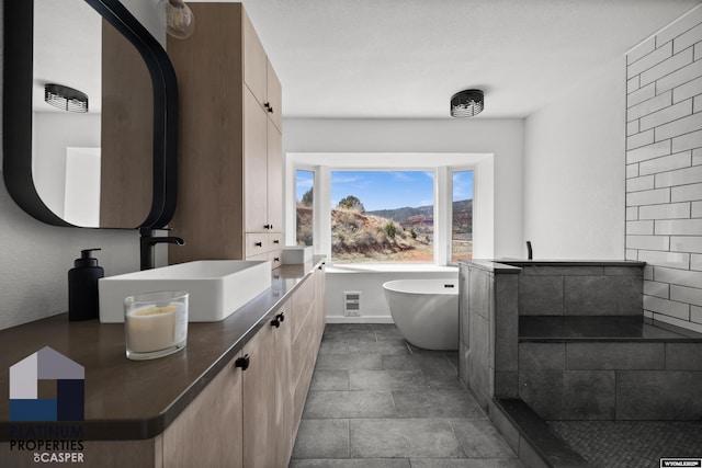 bathroom featuring a freestanding bath, vanity, visible vents, and stone finish flooring