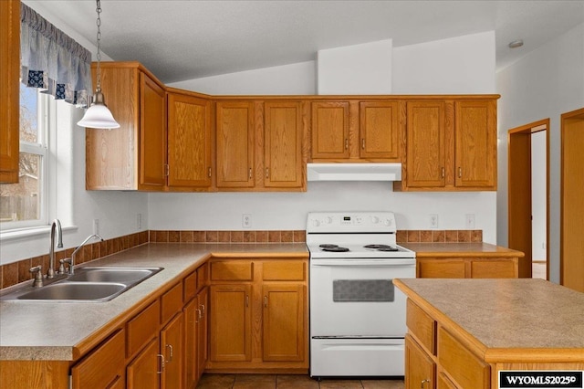 kitchen featuring white electric range oven, a sink, under cabinet range hood, decorative light fixtures, and brown cabinetry