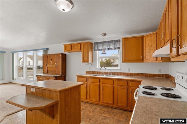 kitchen featuring white range with electric cooktop, a sink, under cabinet range hood, and a healthy amount of sunlight
