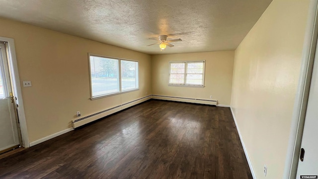 unfurnished room with a baseboard heating unit, baseboards, ceiling fan, and dark wood-style flooring