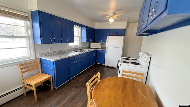 kitchen with a sink, a baseboard heating unit, white appliances, blue cabinetry, and dark wood-style floors