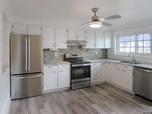 kitchen featuring under cabinet range hood, white cabinetry, stainless steel appliances, and a sink