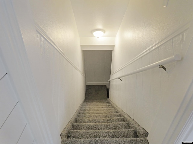 stairway featuring carpet
