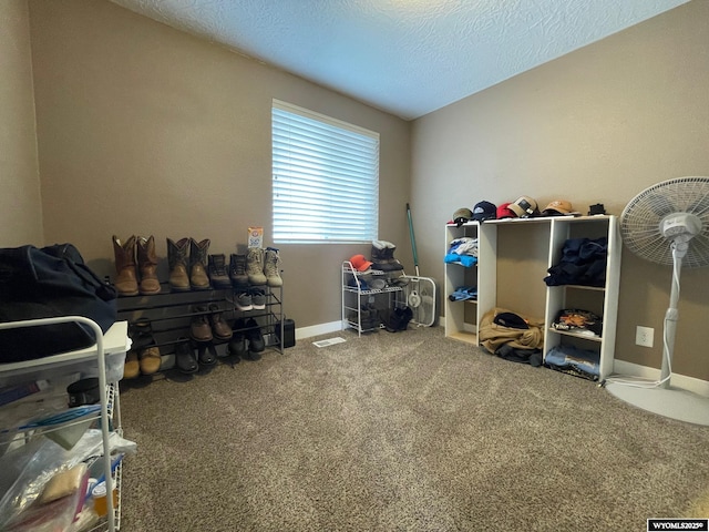 rec room featuring baseboards, carpet floors, and a textured ceiling