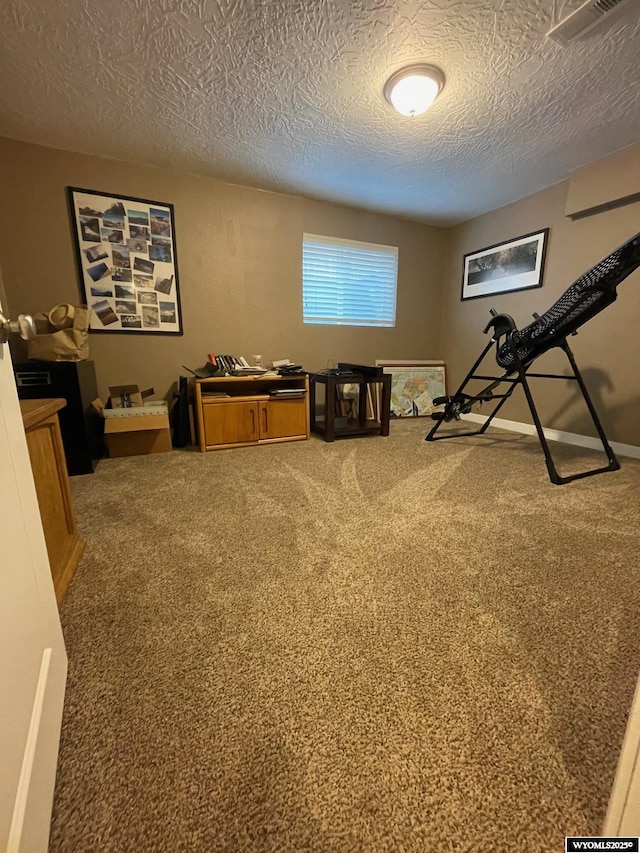 exercise area featuring a textured ceiling, carpet flooring, and visible vents