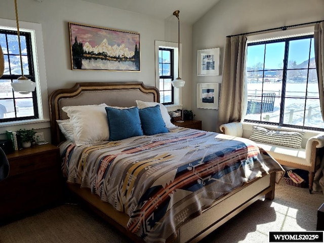 bedroom featuring lofted ceiling and carpet flooring