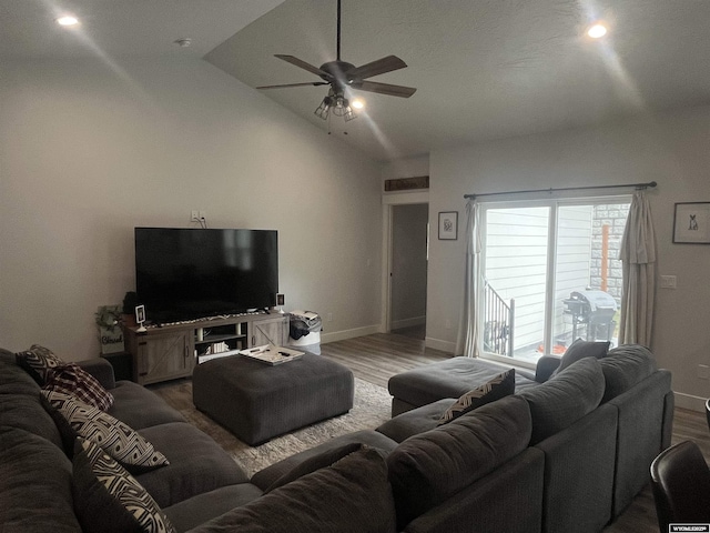640 Lynn Ct, Green River, WY 82935 - living area featuring vaulted ceiling, baseboards, recessed lighting, wood finished floors, and ceiling fan