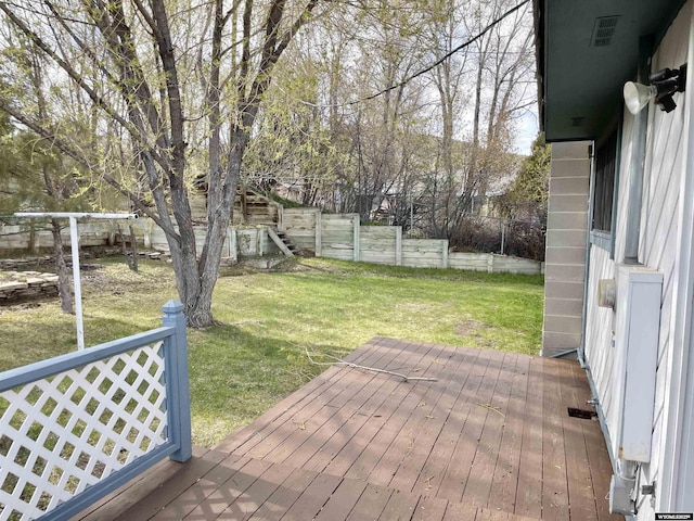 deck featuring a fenced backyard and a yard