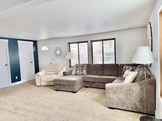 carpeted living room featuring a textured ceiling