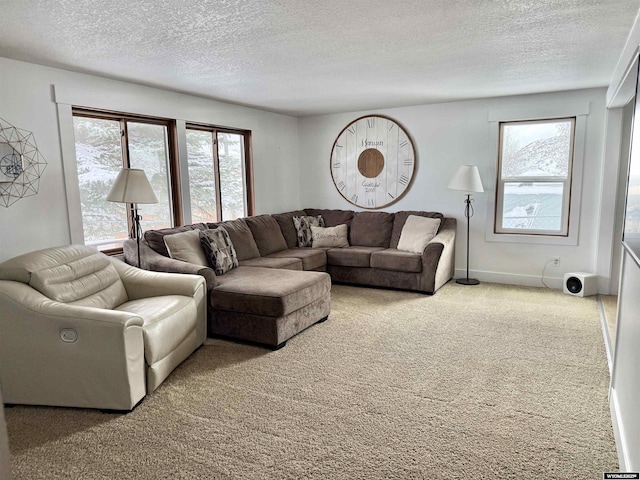 carpeted living area with baseboards and a textured ceiling