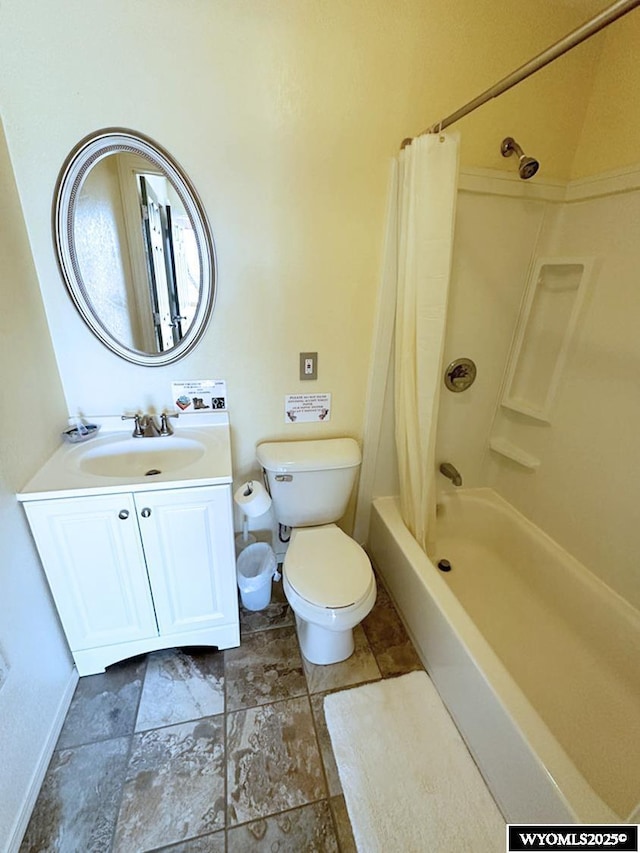 bathroom with toilet, vanity, shower / bathtub combination with curtain, and baseboards