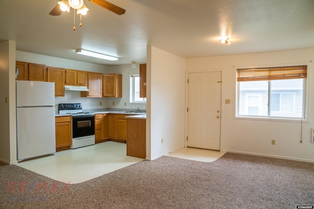 kitchen featuring a ceiling fan, range with electric cooktop, light countertops, under cabinet range hood, and freestanding refrigerator
