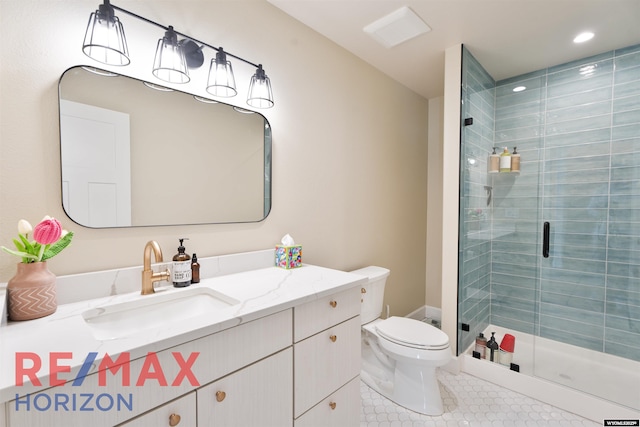 full bathroom featuring a stall shower, toilet, recessed lighting, tile patterned flooring, and vanity