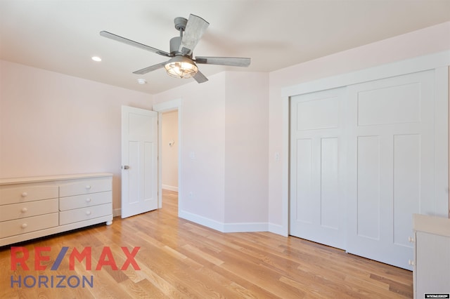 unfurnished bedroom with recessed lighting, light wood finished floors, baseboards, and a ceiling fan