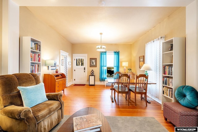 living area featuring baseboards, wood finished floors, and built in features