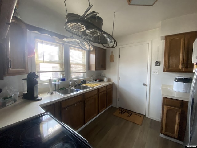 1011 E Lincoln Ave, Riverton, WY 82501 - kitchen with black electric stovetop, light countertops, dark wood-style floors, and a sink