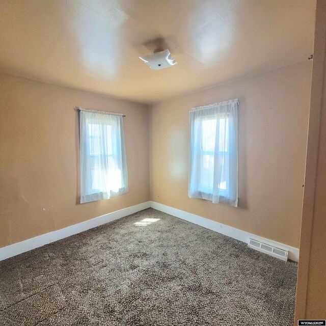 spare room featuring visible vents, baseboards, carpet floors, and a healthy amount of sunlight