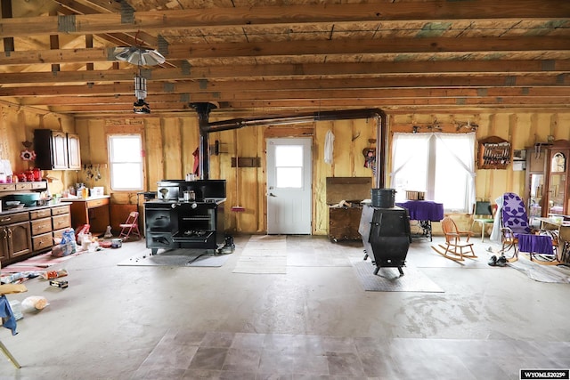 garage with a wood stove