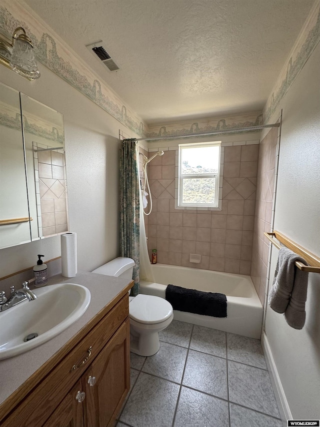 full bathroom with shower / bathtub combination with curtain, a textured ceiling, visible vents, and toilet