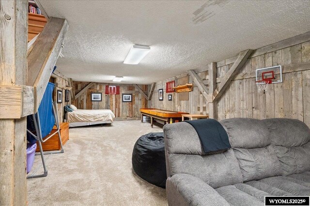 recreation room featuring wood walls, a textured ceiling, and carpet