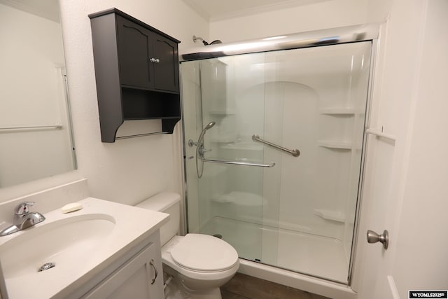 bathroom with toilet, a shower stall, and vanity