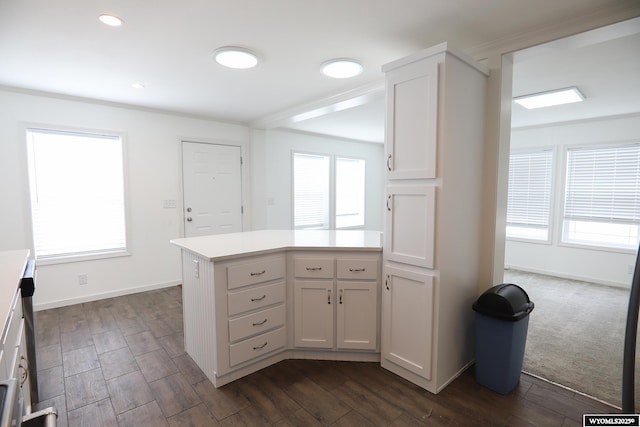 kitchen with light countertops, a peninsula, and dark wood-style floors