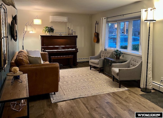 living room with a baseboard heating unit, dark wood-style floors, and a wall mounted air conditioner