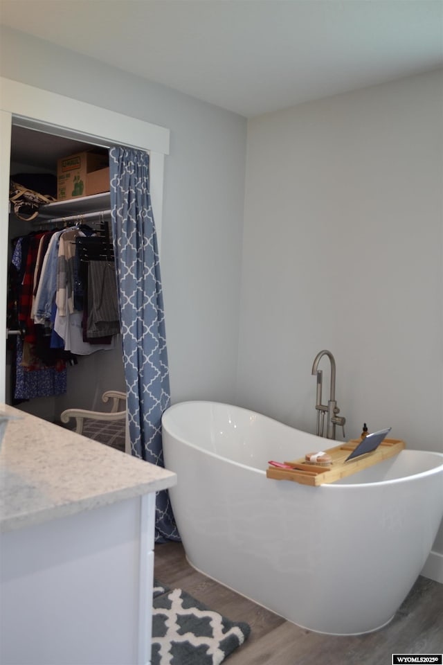 full bath with a freestanding bath, wood finished floors, a spacious closet, and vanity