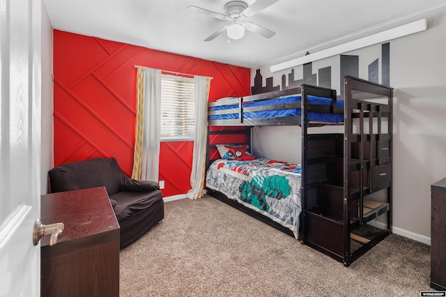 bedroom with carpet floors, baseboards, and ceiling fan