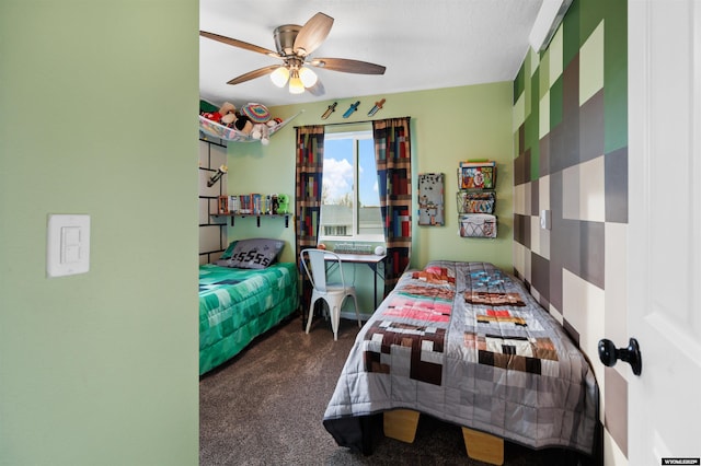 bedroom with carpet floors and ceiling fan