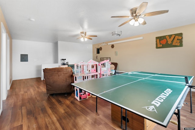 rec room featuring ceiling fan, electric panel, and wood finished floors
