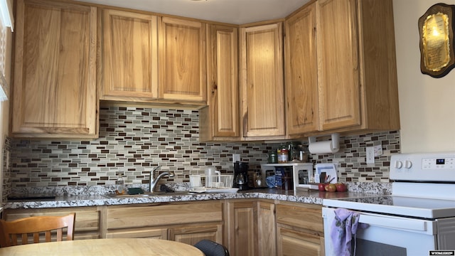 kitchen featuring a sink, white range with electric cooktop, and tasteful backsplash